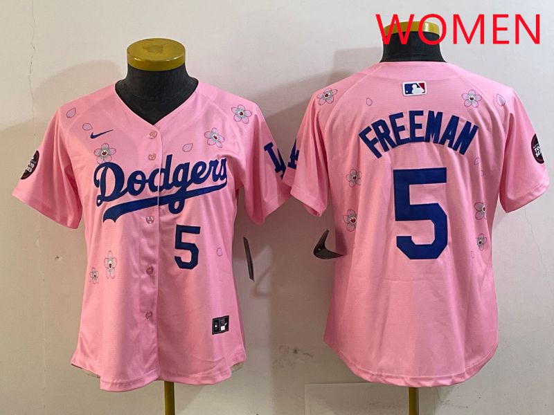 Women Los Angeles Dodgers #5 Freeman Pink Sakura Edition 2025 Nike MLB Jersey style 9